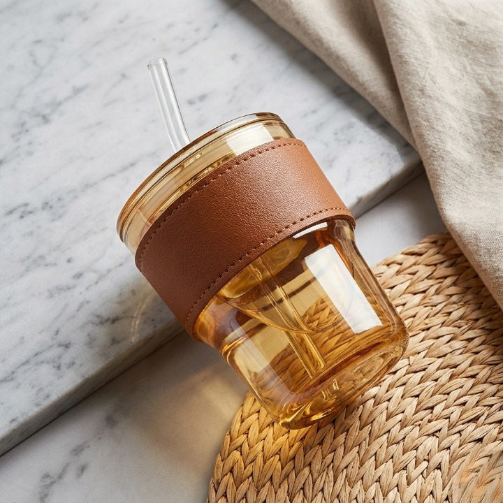 Premium Amber Glass Coffee Tumbler – Travel Mug with Leather Heat Sleeve, Glass Straw (400ml)