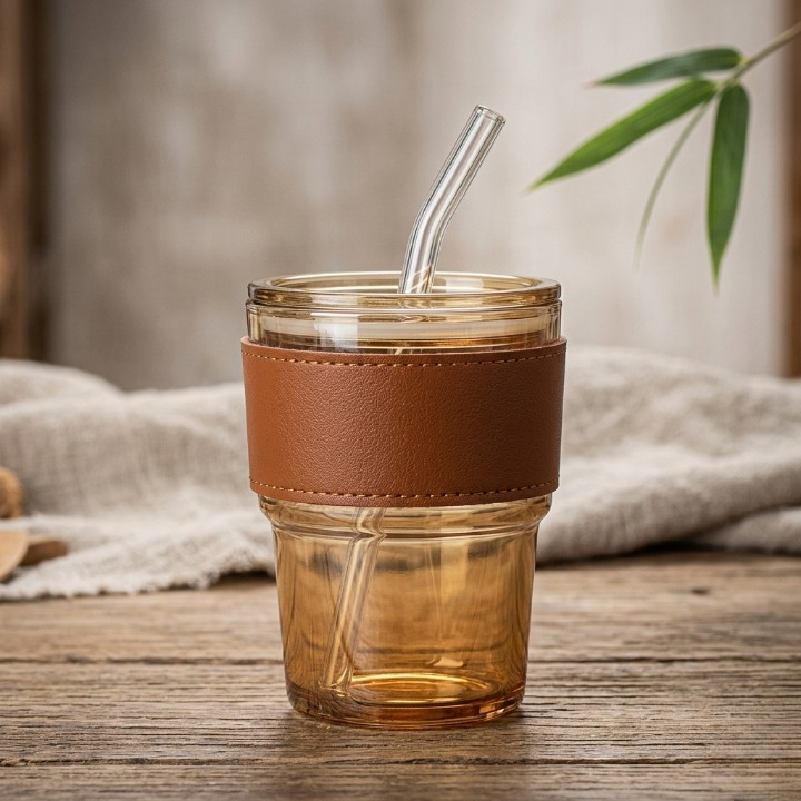 Premium Amber Glass Coffee Tumbler – Travel Mug with Leather Heat Sleeve, Glass Straw (400ml)