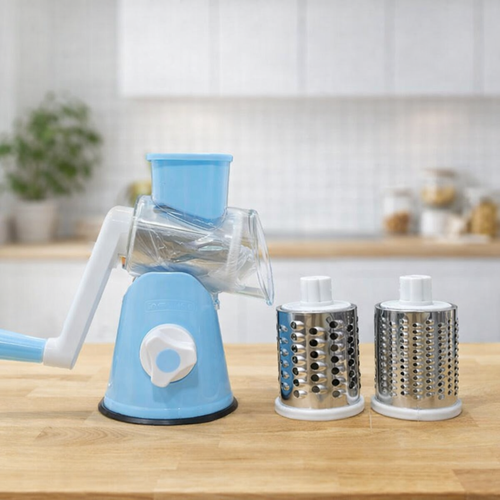 FALARI Tabletop Drum Grater - Manual Rotary Vegetable Slicer, Shredder & Cutter with 3 Interchangeable Stainless Steel Drums - Random color