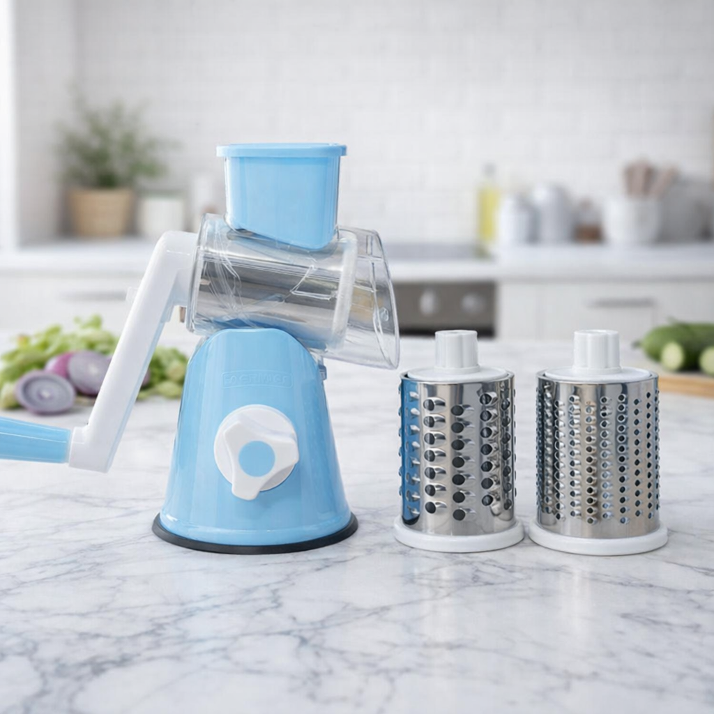 FALARI Tabletop Drum Grater - Manual Rotary Vegetable Slicer, Shredder & Cutter with 3 Interchangeable Stainless Steel Drums - Random color