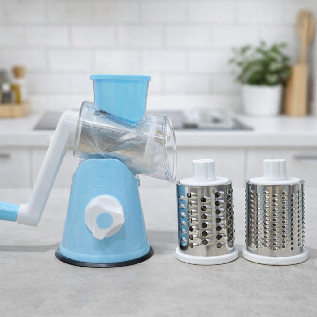 FALARI Tabletop Drum Grater - Manual Rotary Vegetable Slicer, Shredder & Cutter with 3 Interchangeable Stainless Steel Drums - Random color