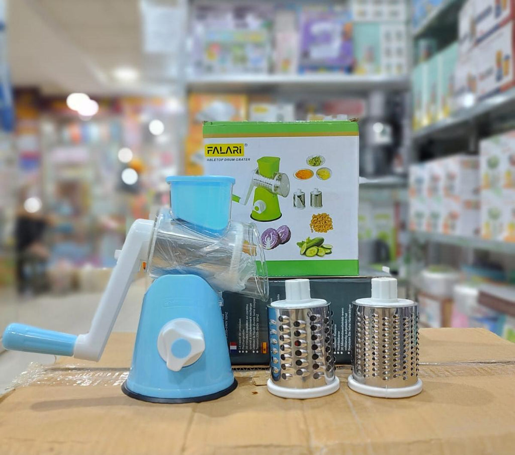 FALARI Tabletop Drum Grater - Manual Rotary Vegetable Slicer, Shredder & Cutter with 3 Interchangeable Stainless Steel Drums - Random color