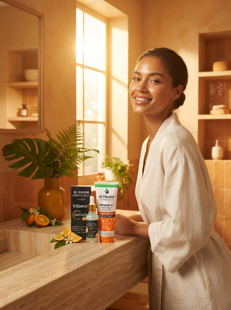 A woman with radiant glowing skin in a sunlit bathroom with amber and terracotta decor, showcasing the Vitamin C skincare duo