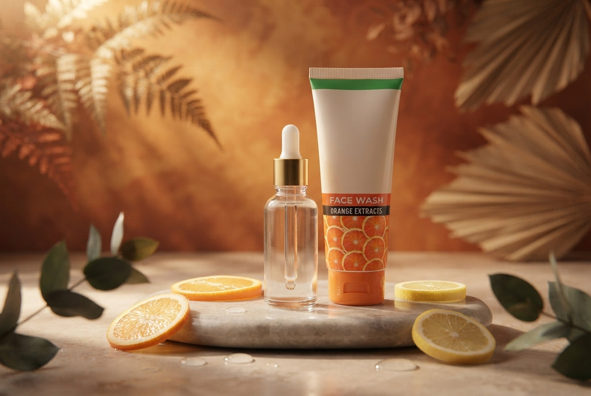 Vitamin C serum bottle and face wash tube displayed on a stone surface with warm lighting and citrus accents.