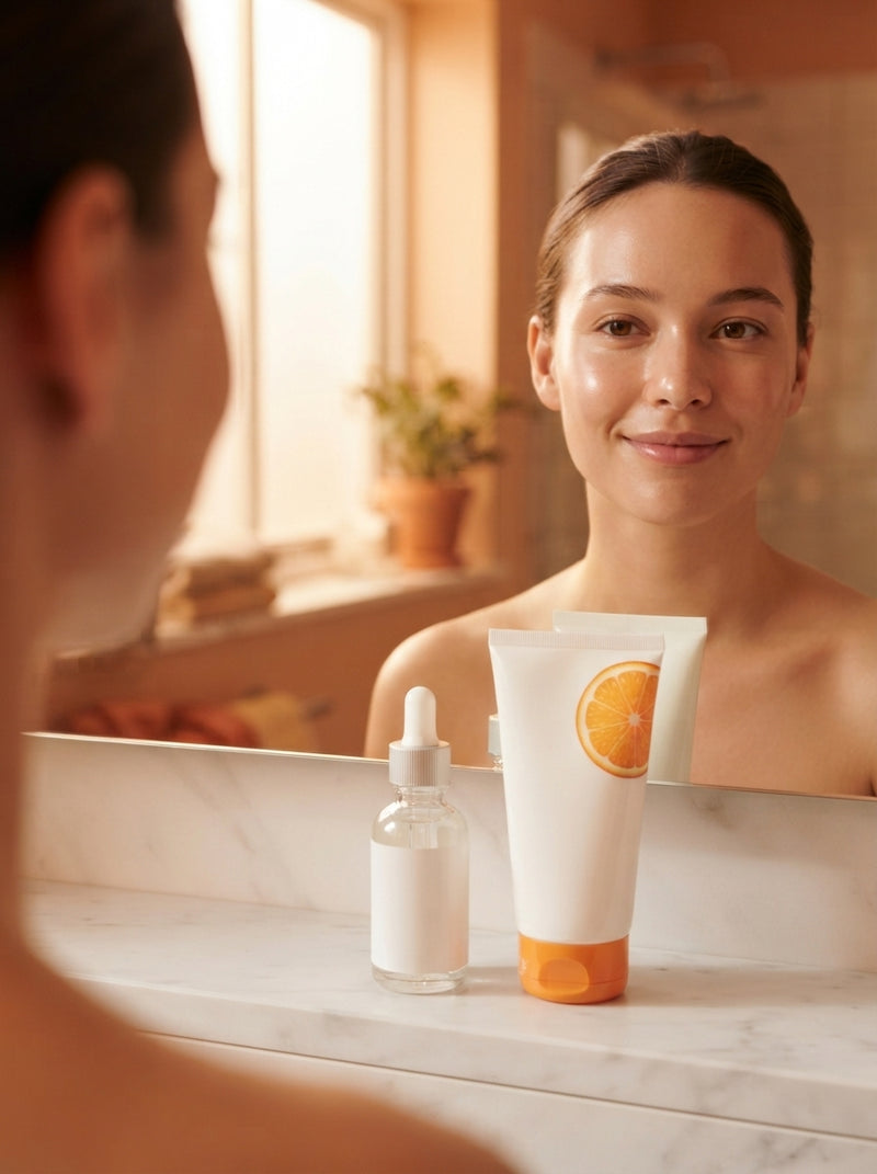 A person with glowing skin standing at a sunlit bathroom vanity with a serum bottle and face wash on the counter.