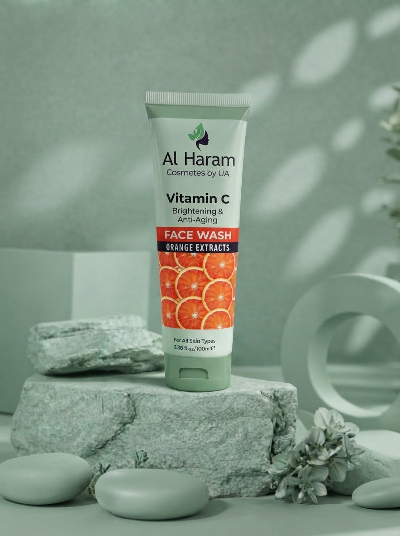 A woman holding a Vitamin C serum and a free face wash in a bright bathroom, capturing a candid, authentic unboxing moment.