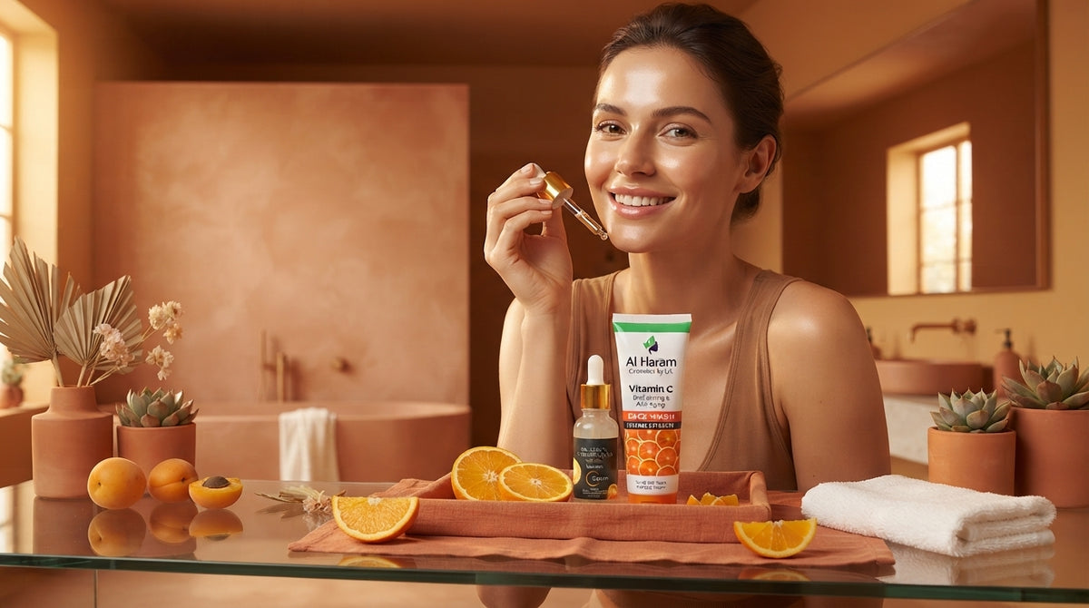 A woman with glowing skin holding a Vitamin C serum bottle next to a face wash bottle on a modern bathroom counter.