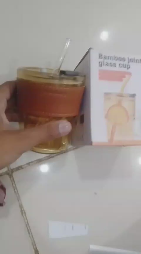 Premium Amber Glass Coffee Tumbler – Travel Mug with Leather Heat Sleeve, Glass Straw (400ml)
